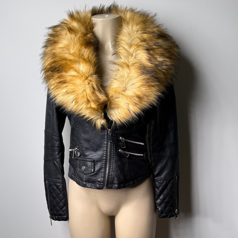 Black Leather Jacket with Golden Faux Fur Collar